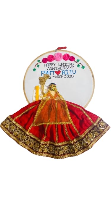Handmade Embroidery Hoop Art with Traditional Indian Dress Design, Red and Gold Wedding Anniversary Decor (Customizable) - Image 4