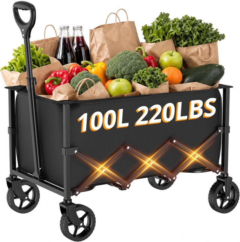 عربة RYGEO 100L المزودة بعجلات، عربة قابلة للطي، عربة مخيم محمولة، عربة قابلة للطي والتجميع للاستخدام على الشاطئ أو في الحدائق أو للنزه��ت أو التسوق أو الصيد، مع مقبض قابل للتعديل، اللون أسود - Image 1