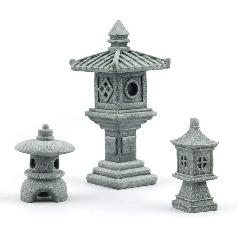 3 PCS Miniature Figurines Stone Pagoda Lantern Garden Statues Tiny Home Kit Meditation Accessories for Zen Garden Home Decor Yard Decorations Outdoor Statues Asian Garden Decor Japanese Gifts 2