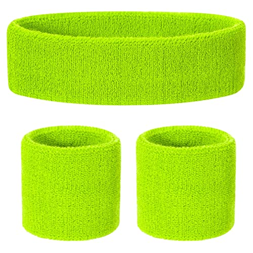 ONUPGO Kids Sweatbands Headband Wristband Set - Athletic Cotton Sweat Band for Sports (1 Headband + 2 Wristbands) (Neon Green) - Image 1