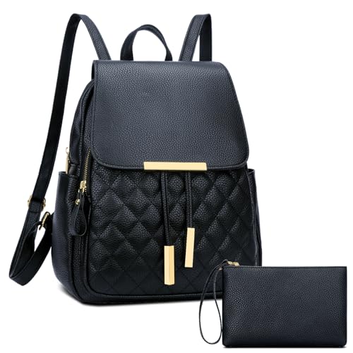 KKXIU Quilted Trendy Leather Backpack Purse for Women and Ladies Shoulder Travel Daypacks Bags with Wristlets(Y-Black) - Image 1