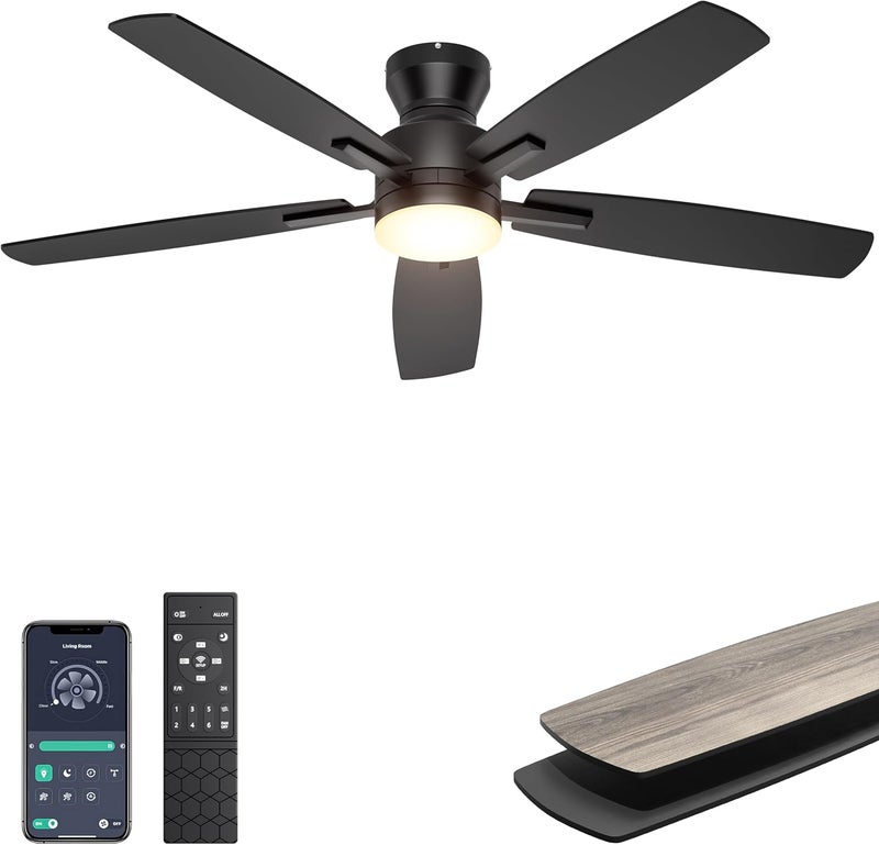 Ohniyou Ceiling Fans with Lights, 52'' Low Profile Ceiling Fan with Light and Remote/APP Control, Modern Flush Mount Ceiling Fan for Indoor Bedroom Living Room, Dimmable, Qiuet DC Motor, Black - Image 1