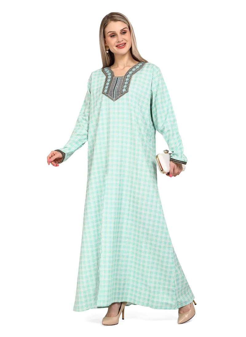 HANA & SARA ELEGANT FRONT EMBROIDERY WITH CHECK PRINTED STYLISH ARABIC KAFTAN JALABIYA DRESS