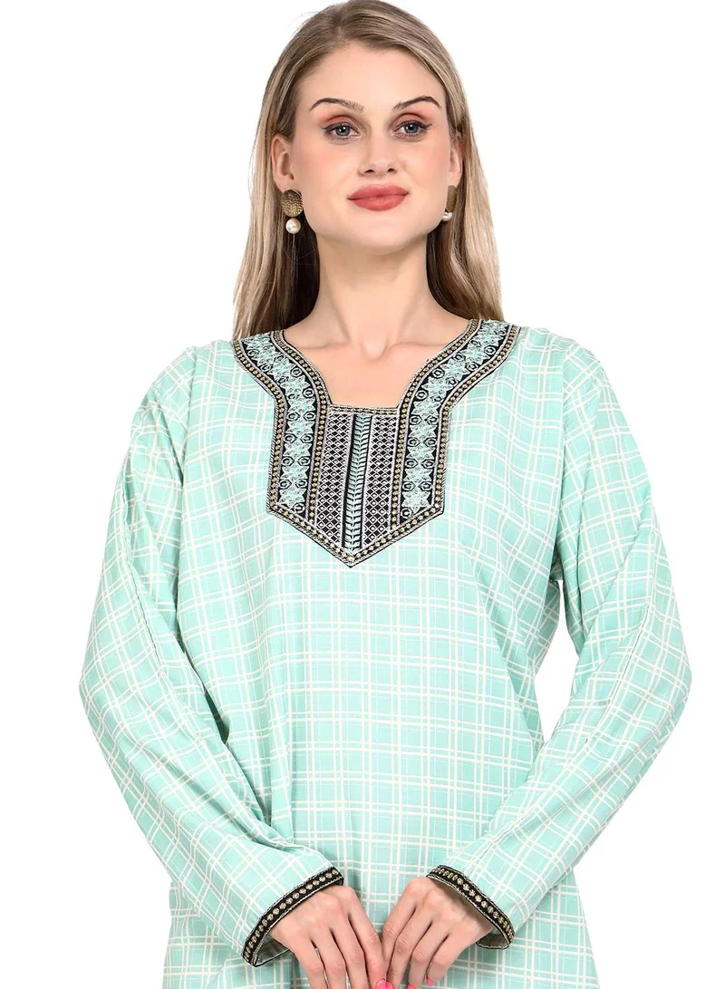 HANA & SARA ELEGANT FRONT EMBROIDERY WITH CHECK PRINTED STYLISH ARABIC KAFTAN JALABIYA DRESS