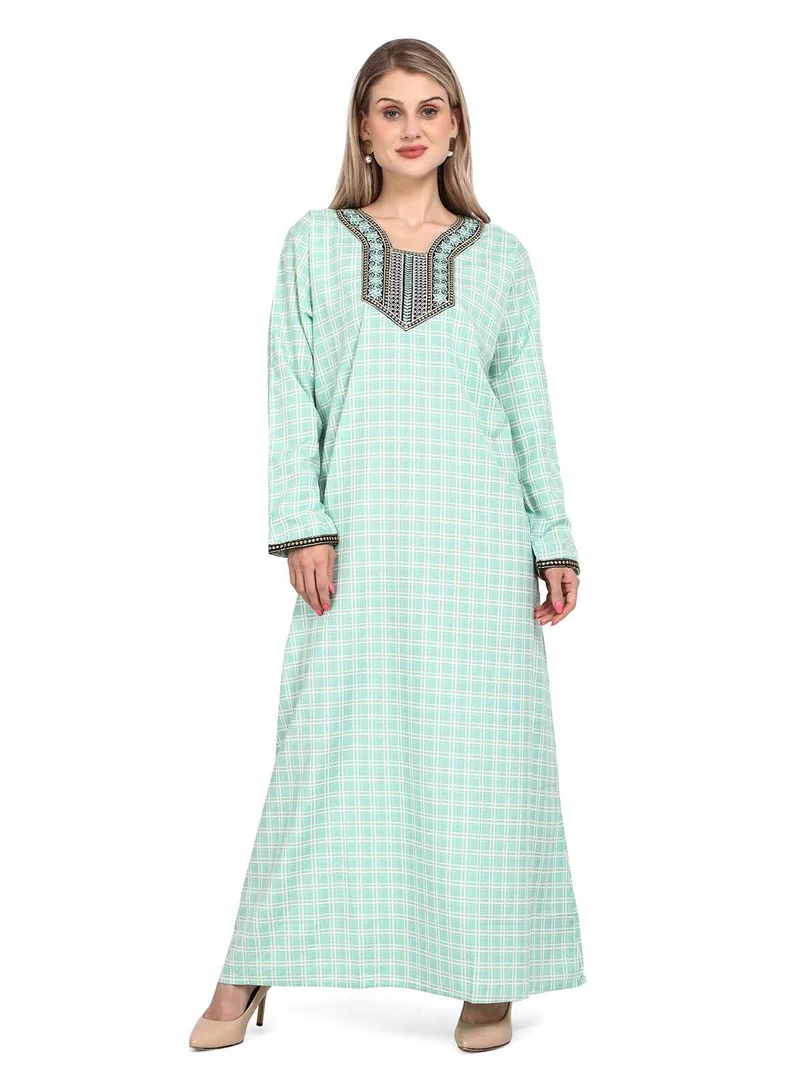 HANA & SARA ELEGANT FRONT EMBROIDERY WITH CHECK PRINTED STYLISH ARABIC KAFTAN JALABIYA DRESS