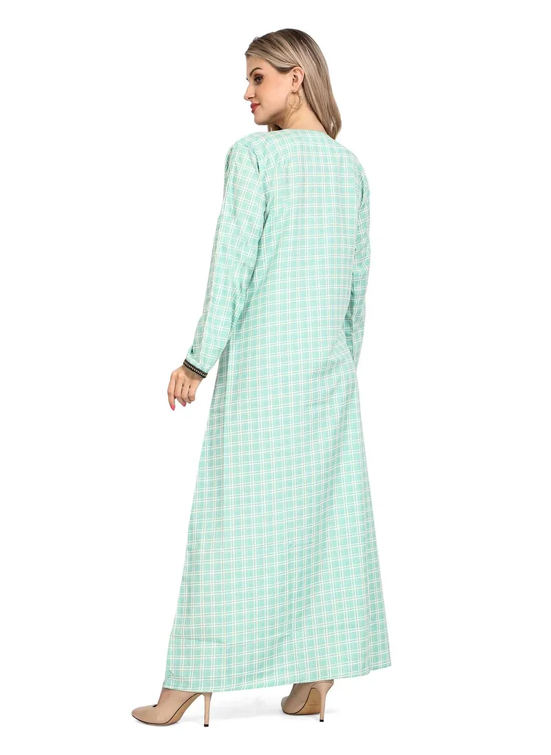 HANA & SARA ELEGANT FRONT EMBROIDERY WITH CHECK PRINTED STYLISH ARABIC KAFTAN JALABIYA DRESS