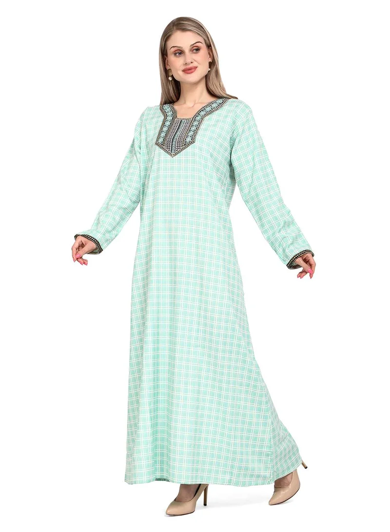 HANA & SARA ELEGANT FRONT EMBROIDERY WITH CHECK PRINTED STYLISH ARABIC KAFTAN JALABIYA DRESS