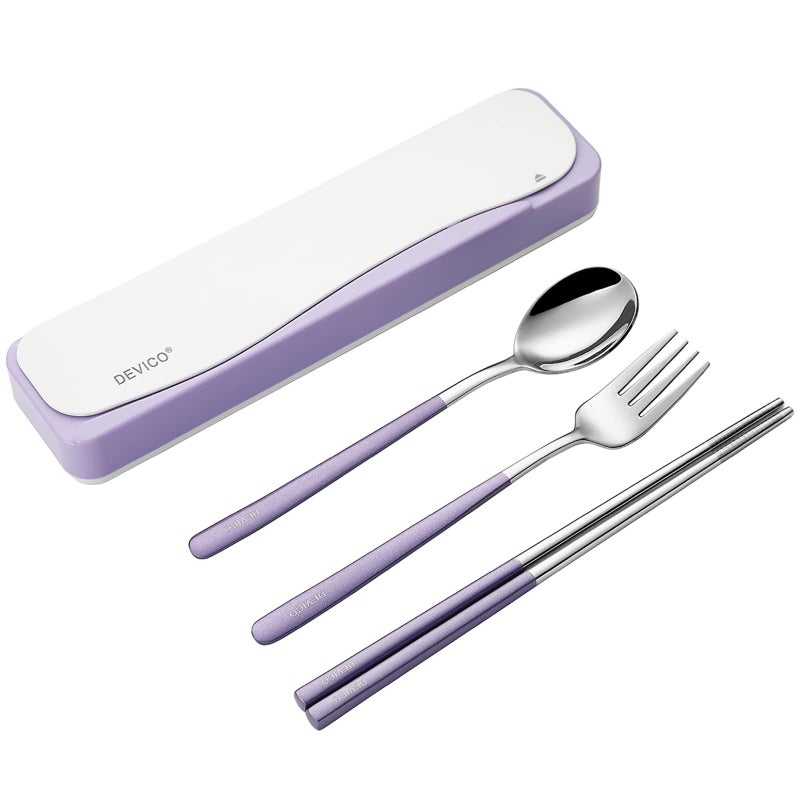 DEVICO DEVICO Travel Utensils Portable 188 Stainless Steel Silverware Flatware Set Include Fork Spoon Chopsticks with Case Purple