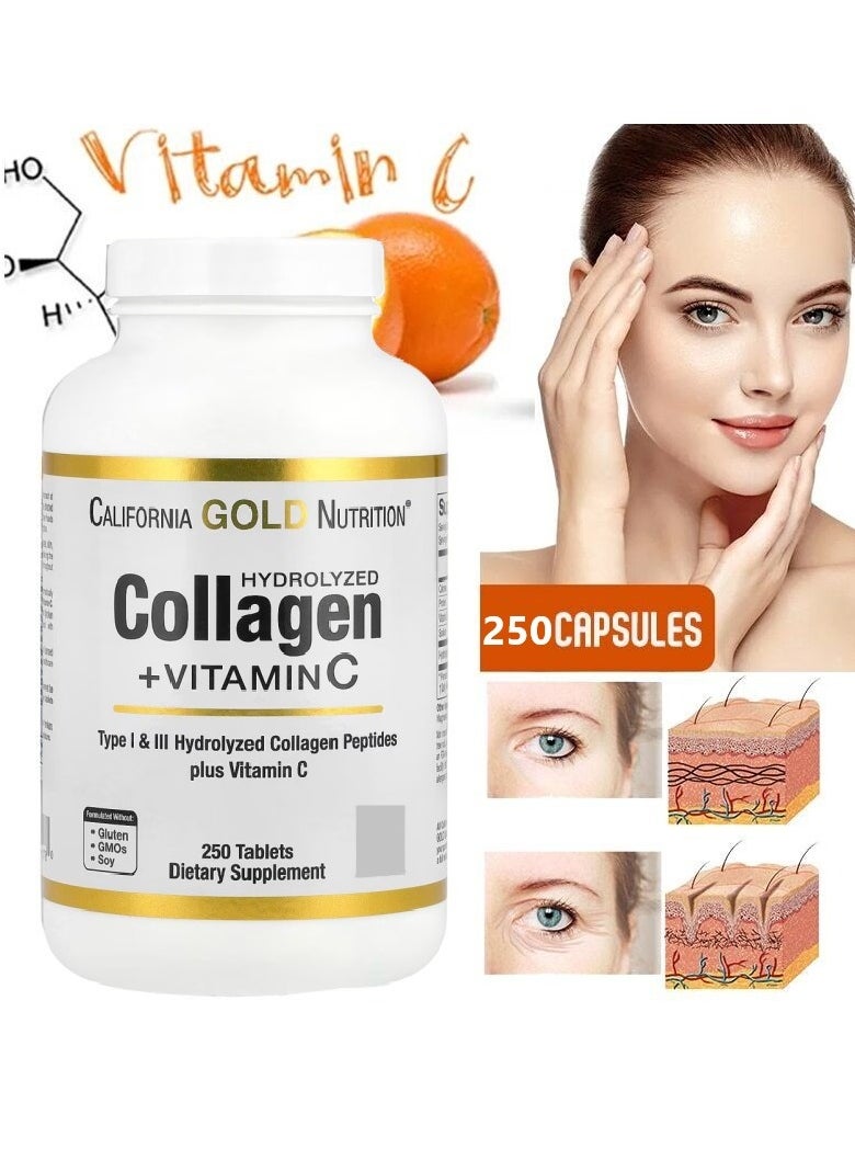 California Gold Nutrition Hydrolyzed Collagen Peptides Plus Vitamin C (Type I & III) Supports for Healthy  Hair, Strong Nails, Bones, Joints and Glowing Skin 250 Tablets  - Image 2