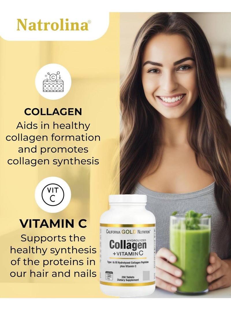 California Gold Nutrition Hydrolyzed Collagen Peptides Plus Vitamin C (Type I & III) Supports for Healthy  Hair, Strong Nails, Bones, Joints and Glowing Skin 250 Tablets  - Image 3