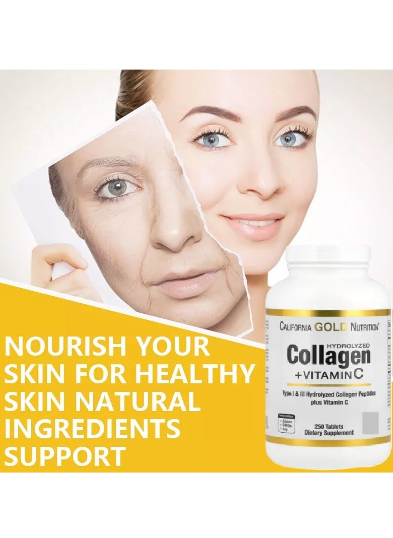 California Gold Nutrition Hydrolyzed Collagen Peptides Plus Vitamin C (Type I & III) Supports for Healthy  Hair, Strong Nails, Bones, Joints and Glowing Skin 250 Tablets  - Image 4