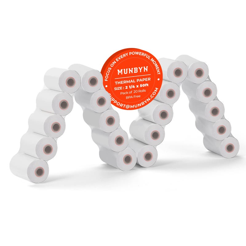 MUNBYN 2 1/4 x 50ft Thermal Paper (20 Rolls), BPA Free Receipt Paper, 58mm Thermal Receipt Paper Fits 58mm Mini Thermal POS Printer & Square Terminal Credit Card Machines - Image 1