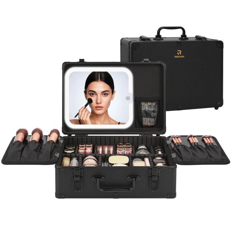 Relavel Makeup Case, Makeup Bag with LED Mirror Makeup Organizer Large Cosmetic Bags Travel Train Case for Women, Portable Vanity Makeup Box with Rechargeable Light up Mirror and Adjustable Dividers - Image 1