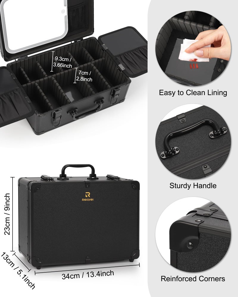 Relavel Makeup Case, Makeup Bag with LED Mirror Makeup Organizer Large Cosmetic Bags Travel Train Case for Women, Portable Vanity Makeup Box with Rechargeable Light up Mirror and Adjustable Dividers - Image 5