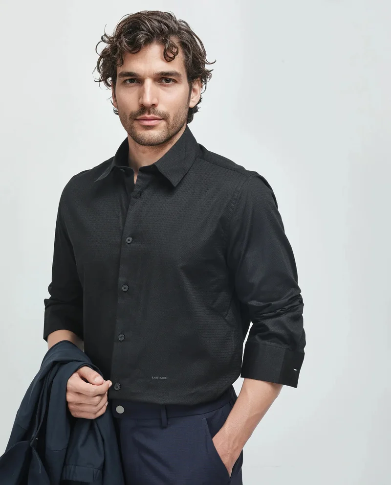 Rare Rabbit Rare Rabbit Men's Stum Ls Black Cotton Fabric Full Sleeve Collared Neck Button Closure Printed Shirt