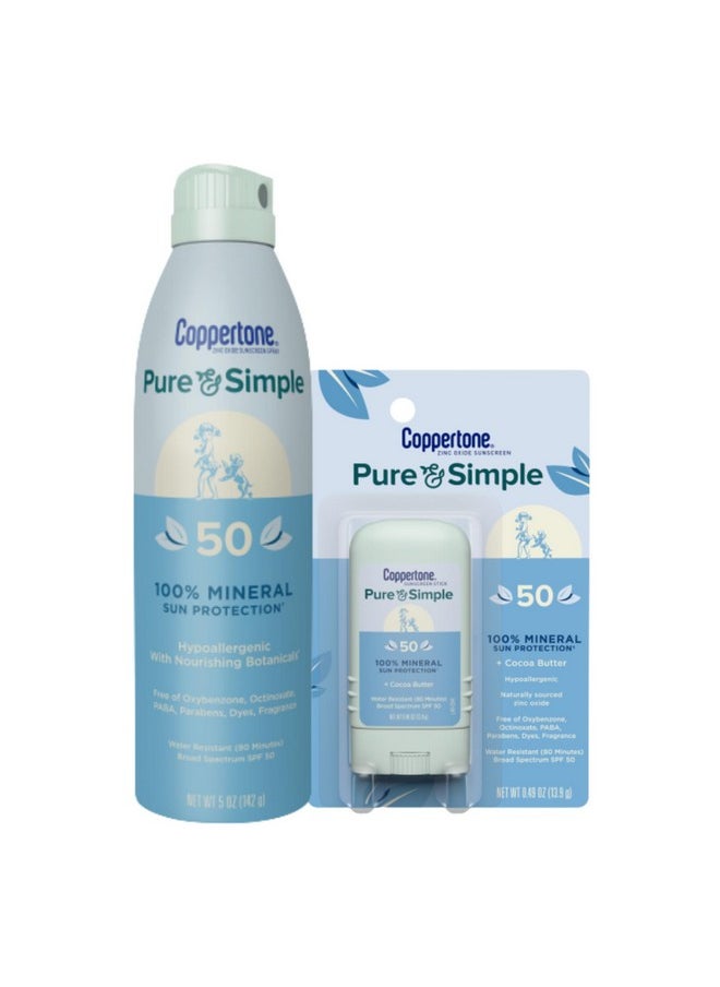 Coppertone Coppertone Pure and Simple Mineral Sunscreen Pack, Hypoallergenic Sunscreen for Sensitive Skin with Zinc Oxide Protection, Sunscreen Spray SPF 50, 5 Oz Can + SPF 50 Sunscreen Stick, 0.49 Oz  - Image 1