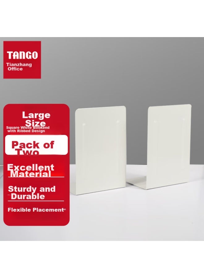 Tango L-shaped Large Square White Bookend With Compression Strips, Simple Desktop Bookend Stand, Table Book Holder Clip, 1 Pair - Image 1