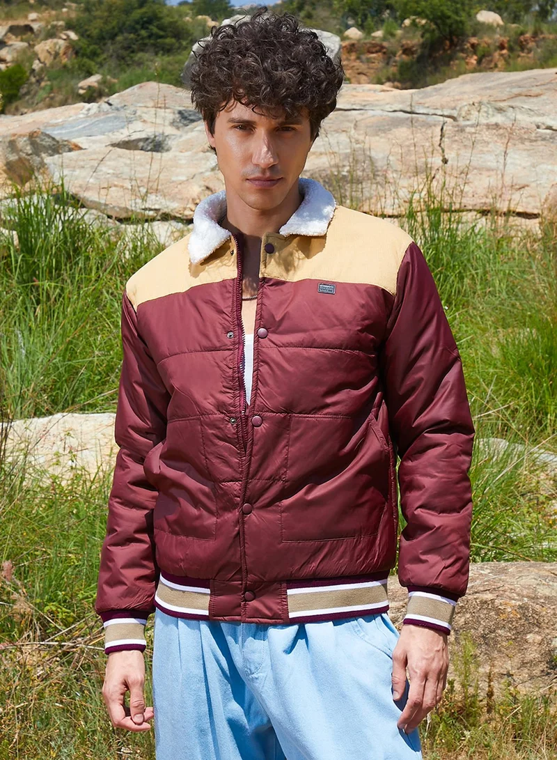 Campus Sutra Men's Brown Puffer Jacket With Fleece Detail
