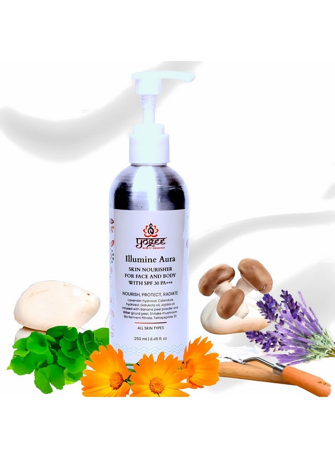 YOGEE Illumine Aura Skin Nourisher for Face and Body with SPF 30 | Hydration, UV Defense, Radiant Skin, Less Spots, No Acne/Bacne, No Scars, Probiotics | 250ml - Image 1