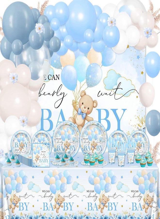 Lecheme 270 Pcs Blue Bear Baby Shower Decorations: We Can Bearly Wait Baby Shower Banner Disposable Plates Napkins Cups Tablecloth Balloons for Boy Serve 24 - Image 1