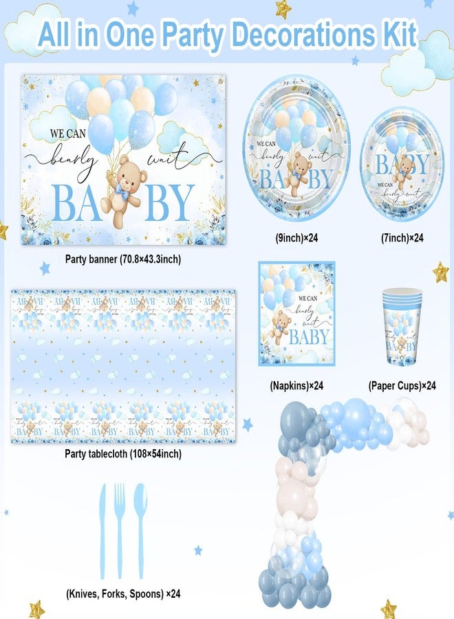 Lecheme 270 Pcs Blue Bear Baby Shower Decorations: We Can Bearly Wait Baby Shower Banner Disposable Plates Napkins Cups Tablecloth Balloons for Boy Serve 24 - Image 3