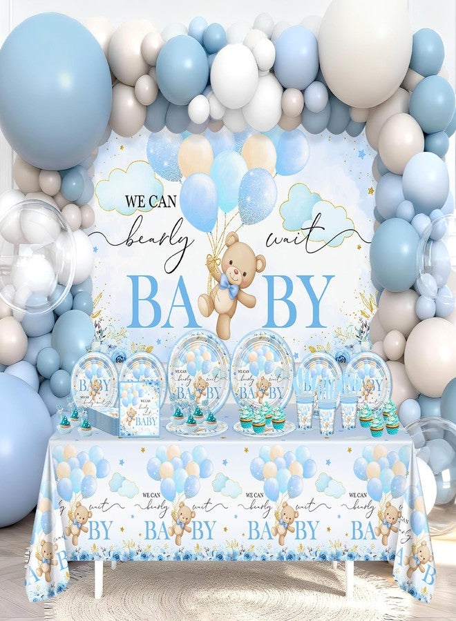 Lecheme 270 Pcs Blue Bear Baby Shower Decorations: We Can Bearly Wait Baby Shower Banner Disposable Plates Napkins Cups Tablecloth Balloons for Boy Serve 24 - Image 2