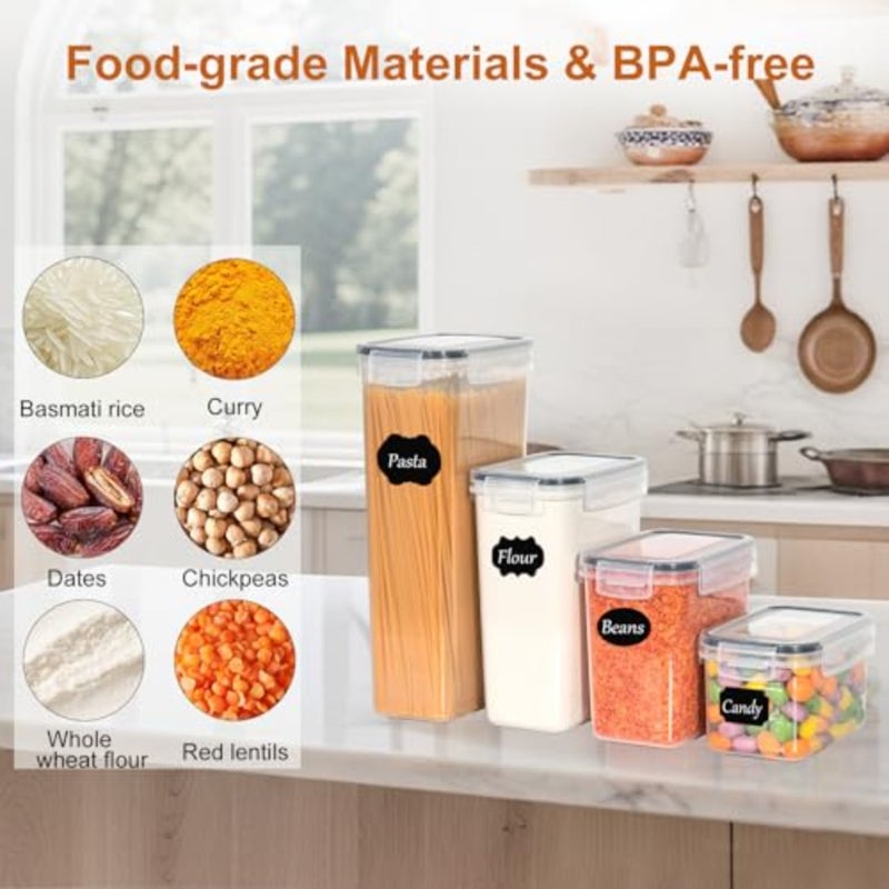 Airtight food storage containers for kitchen and pantry organization: BPA-free plastic, white, with secure snap lids, labels, and marker for cereal, flour, sugar, snacks - Image 4