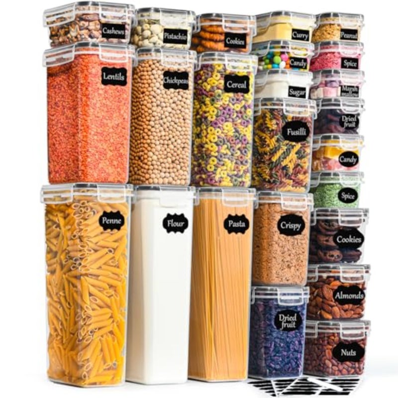 Airtight food storage containers for kitchen and pantry organization: BPA-free plastic, white, with secure snap lids, labels, and marker for cereal, flour, sugar, snacks - Image 1