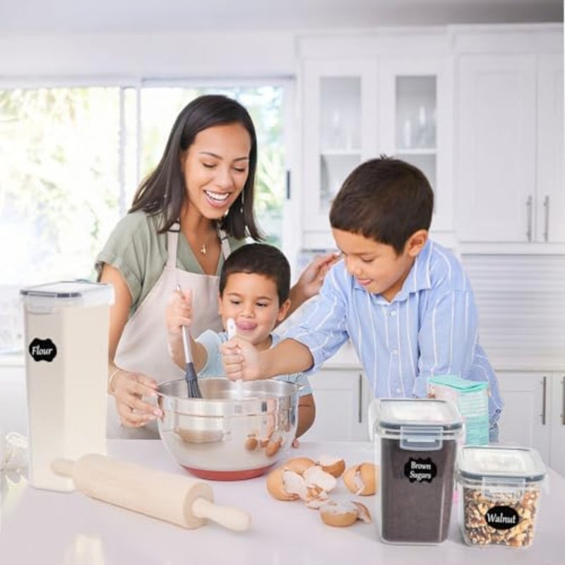 Airtight food storage containers for kitchen and pantry organization: BPA-free plastic, white, with secure snap lids, labels, and marker for cereal, flour, sugar, snacks - Image 2