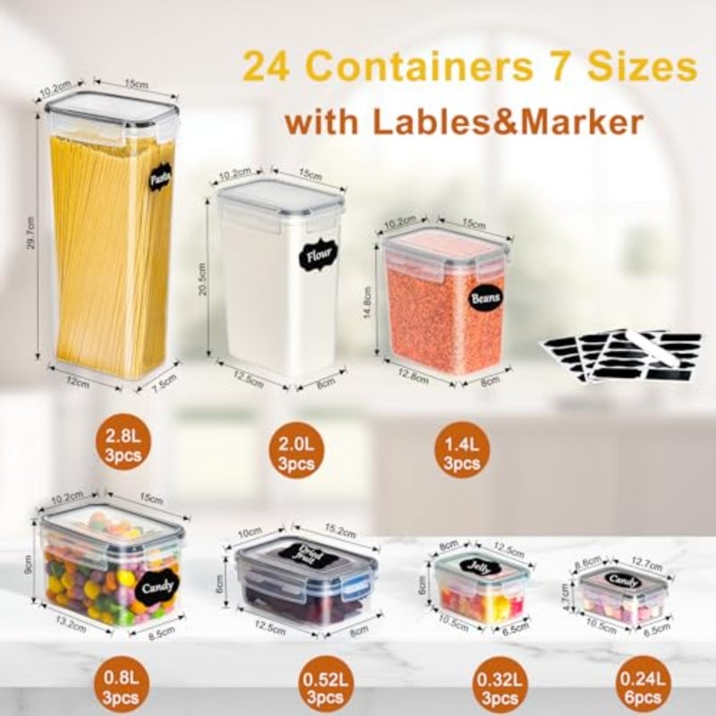 Airtight food storage containers for kitchen and pantry organization: BPA-free plastic, white, with secure snap lids, labels, and marker for cereal, flour, sugar, snacks - Image 3