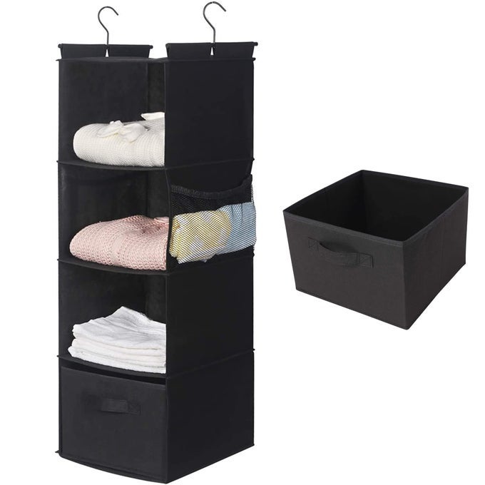 4SHELF HANGING CLOSET ORGANIZER SPACE SAVER CLOTH HANGING SHELVES WITH 2 SIDE POCKETS FOLDABLE BLACK