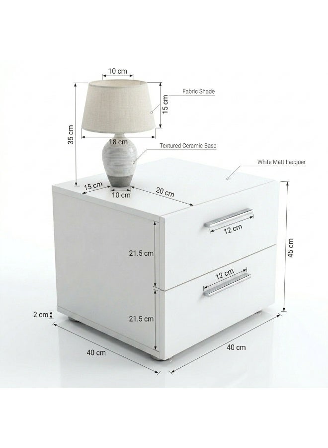 White MDF Bedside Table with 2 Drawers, 40x40x45 cm - Image 2