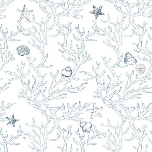 WENMER Coastal Wallpaper Peel and Stick 173 X 197 White and Light Blue Contact Paper Coral Seashell Starfish Wallpaper Self Adhesive Beach Ocean Wallpaper for Bathroom Cabinets Decor - Image 1