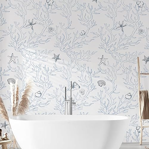 WENMER Coastal Wallpaper Peel and Stick 173 X 197 White and Light Blue Contact Paper Coral Seashell Starfish Wallpaper Self Adhesive Beach Ocean Wallpaper for Bathroom Cabinets Decor - Image 3
