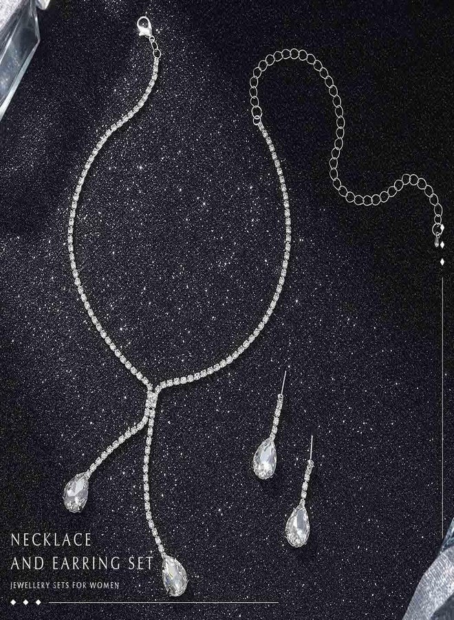 يونيكرا طقم مجوهرات زفاف من يونيكرا، يتضمن قلادة وأقراط، مصنوع من الفضة والكريستال، مرصع بأحجار الراين، مناسب للنساء والعرائس. - Image 3