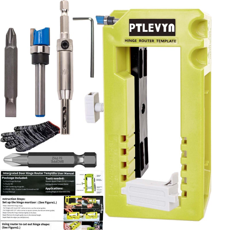 PTLEVYN Door Hinge Mounting Template Kit (Green) for 3-5" Hinges 90Â° Positioning Fits 1/4" and 5/8" Door thicknesses Mortise Opener Included Clips Quick and Precise Installation of Woodworking toolsy - Image 1