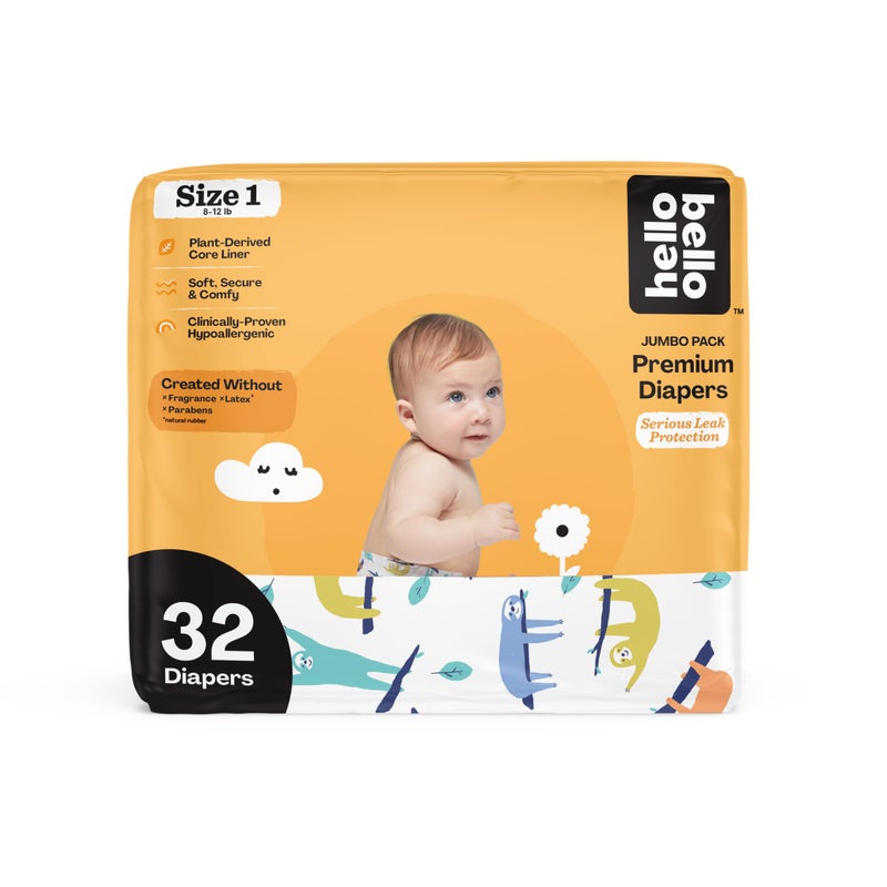 Hello Bello Premium Baby Diapers Size 1, 32 Count of Disposable, Extra-Absorbent, Hypoallergenic Baby Diapers with Snug and Comfort Fit, Sleepy Sloth - Image 1