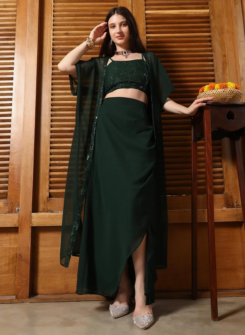  قصة Qissa Women's Emerald Green Floral-Embroidery Draped Co-Ord Set For Ethnic Wear | Spagetti Straps, Quarter Kimono Sleeves | Floral Embroidered Fabric | 3 Piece Co-Ords Designed For Evening & Party Wear