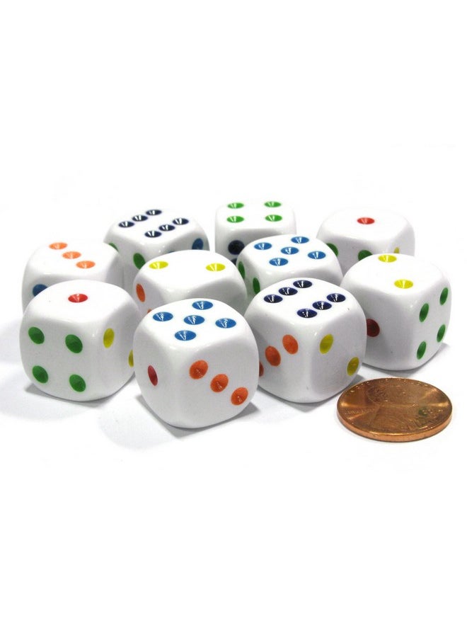Set of 10 Six Sided Round Edge Opaque 16mm D6 Dice - White with Multicolor Pip by Koplow Games