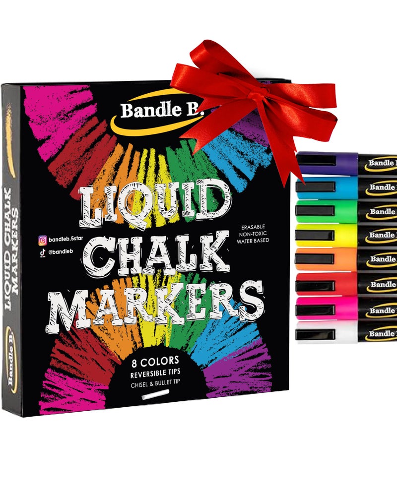 Bandle B. Chalk Markers - 8 Vibrant, Erasable, Non-Toxic, Water-Based, Reversible Tips. For Glass or Chalkboard Markers for Businesses, Restaurants, Liquid Drawing Chalk (Vibrant 6mm) - Image 1