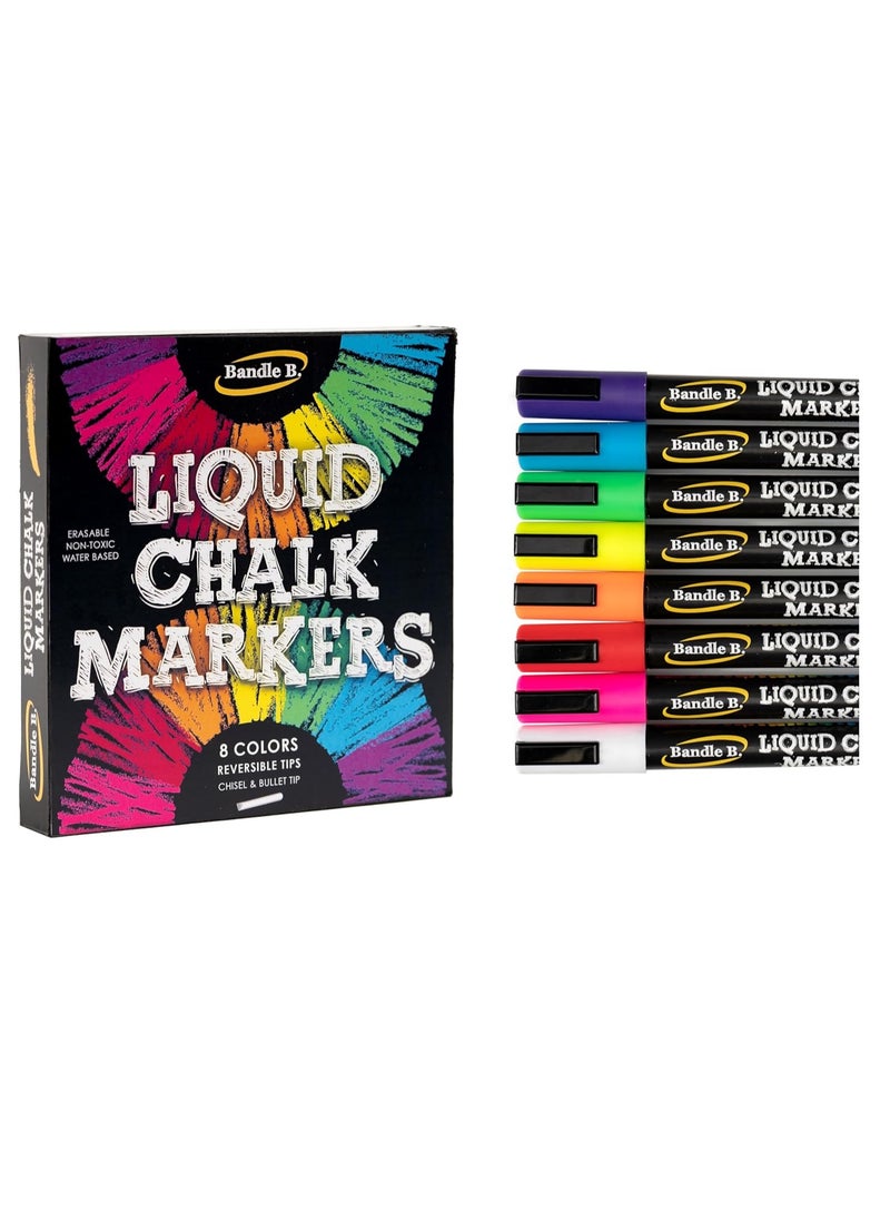 Bandle B. Chalk Markers - 8 Vibrant, Erasable, Non-Toxic, Water-Based, Reversible Tips, For Kids & Adults for Glass or Chalkboard Markers for Businesses, Restaurants, Liquid Chalk Markers (Vibrant 6mm)  - Image 1