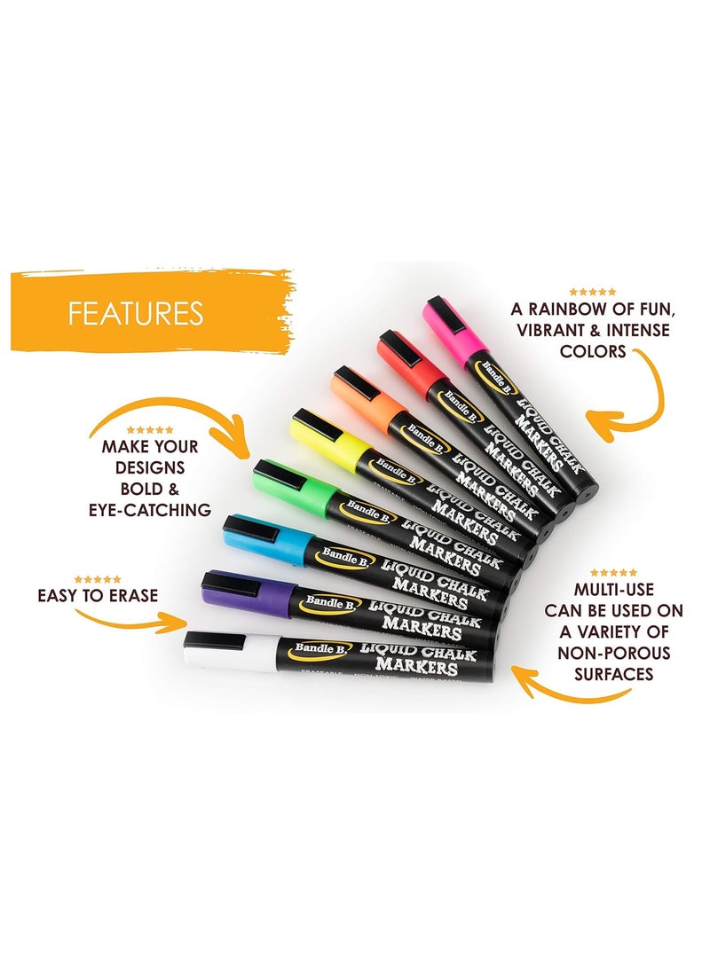 Bandle B. Chalk Markers - 8 Vibrant, Erasable, Non-Toxic, Water-Based, Reversible Tips, For Kids & Adults for Glass or Chalkboard Markers for Businesses, Restaurants, Liquid Chalk Markers (Vibrant 6mm)  - Image 2