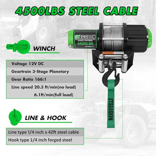 STEGODON 4500 lb Winch 12V Waterproof Electric Winch,ATV/UTV Winch with Steel Cable Winch with Wireless Remote and Roller Fairlead - Image 4