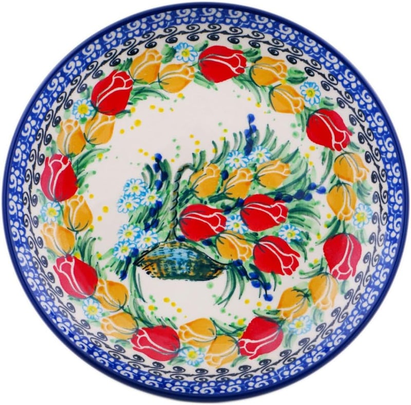 Polmedia Polish Pottery Authentic Polish Pottery Dessert Plate Signature UNIKAT in Swaying Tulips Design Handmade in Bolesawiec Poland by Ceramika Artystyczna  Certificate of Authenticity  - Image 1