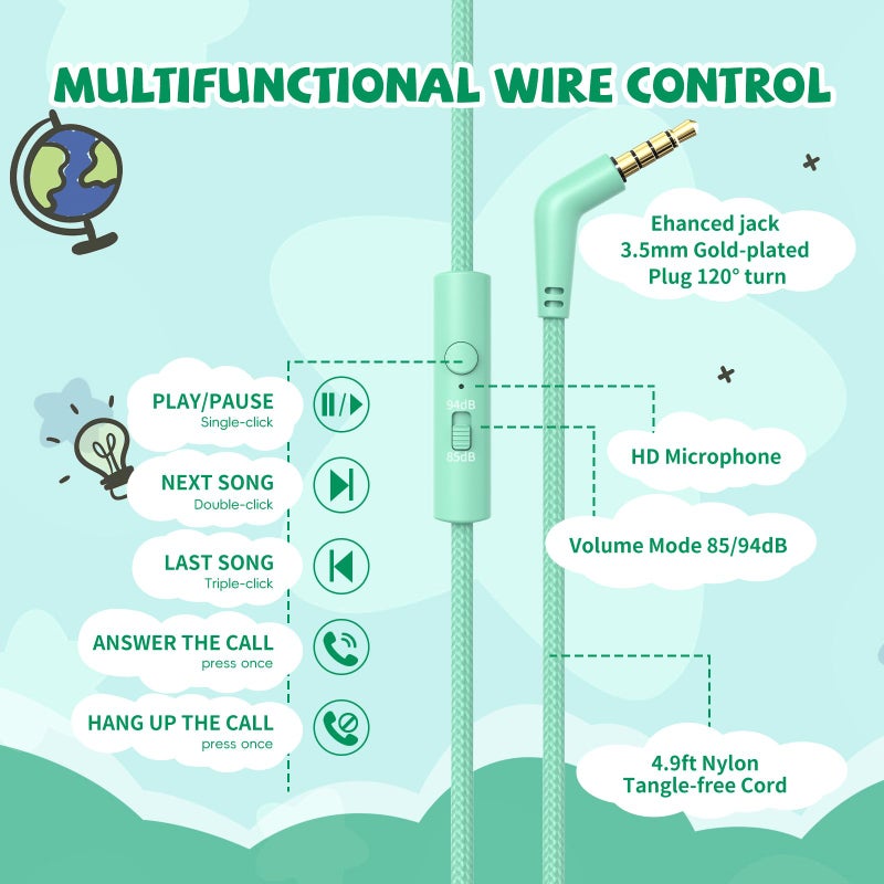 Botesty Sound Kids Headphones Wired with Microphone, 85/94dB Volume Limit Headphones for Kids, Foldable 3.5mm Plug in Headphones Corded for Children/Toddler, School/Airplane Travel/Tablet/Kindle/Laptop, Green - Image 3