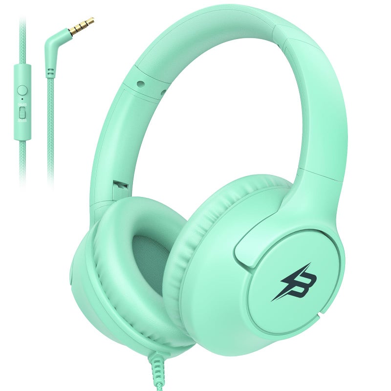 Botesty Sound Kids Headphones Wired with Microphone, 85/94dB Volume Limit Headphones for Kids, Foldable 3.5mm Plug in Headphones Corded for Children/Toddler, School/Airplane Travel/Tablet/Kindle/Laptop, Green - Image 1
