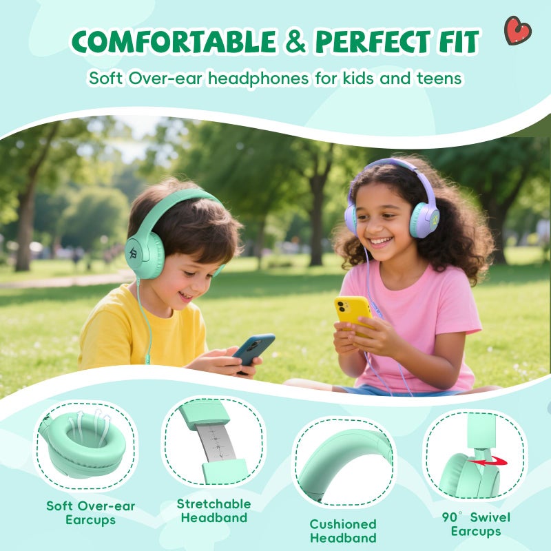 Botesty Sound Kids Headphones Wired with Microphone, 85/94dB Volume Limit Headphones for Kids, Foldable 3.5mm Plug in Headphones Corded for Children/Toddler, School/Airplane Travel/Tablet/Kindle/Laptop, Green - Image 4