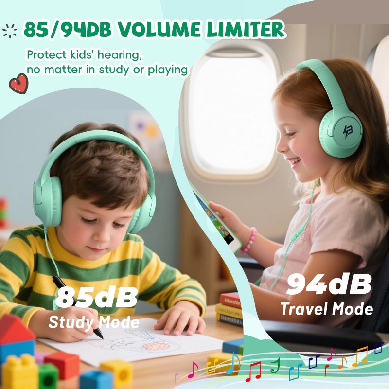 Botesty Sound Kids Headphones Wired with Microphone, 85/94dB Volume Limit Headphones for Kids, Foldable 3.5mm Plug in Headphones Corded for Children/Toddler, School/Airplane Travel/Tablet/Kindle/Laptop, Green - Image 2