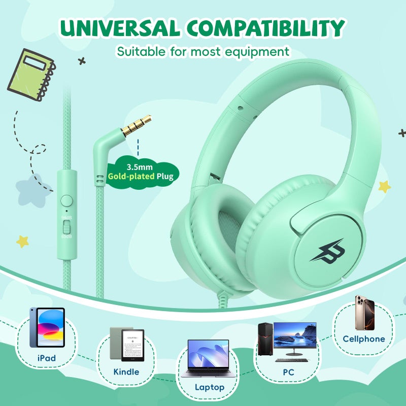 Botesty Sound Kids Headphones Wired with Microphone, 85/94dB Volume Limit Headphones for Kids, Foldable 3.5mm Plug in Headphones Corded for Children/Toddler, School/Airplane Travel/Tablet/Kindle/Laptop, Green - Image 5