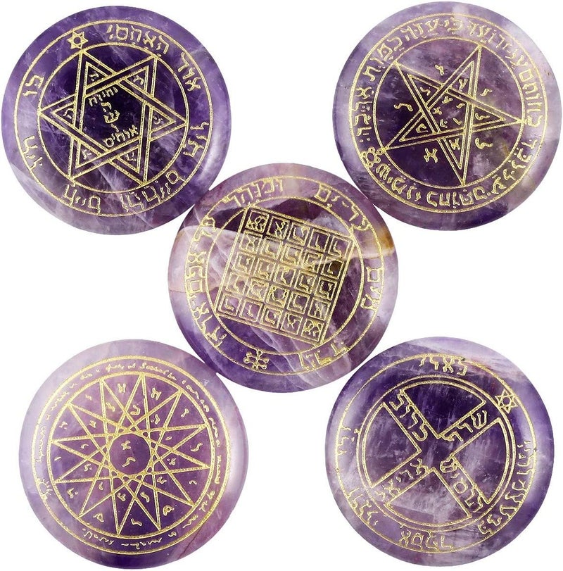 SUNYIK 5 Pcs Healing Crystal Amethyst Witches Runes Stone with Engraved Solomon Symbol Polished Stones for Meditation Divination Reiki Balancing